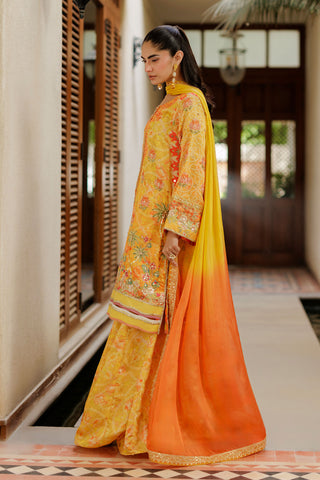 SS26DA-2939 YELLOW -SILK TUNIC- 2PCS HAND EMBELLISHED  SHIRT WITH TROUSER
