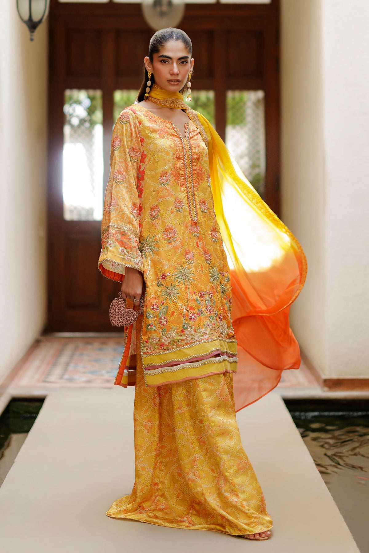 SS26DD-2939 ORANGE TIE DYE EMBROIDERY DUPATTA