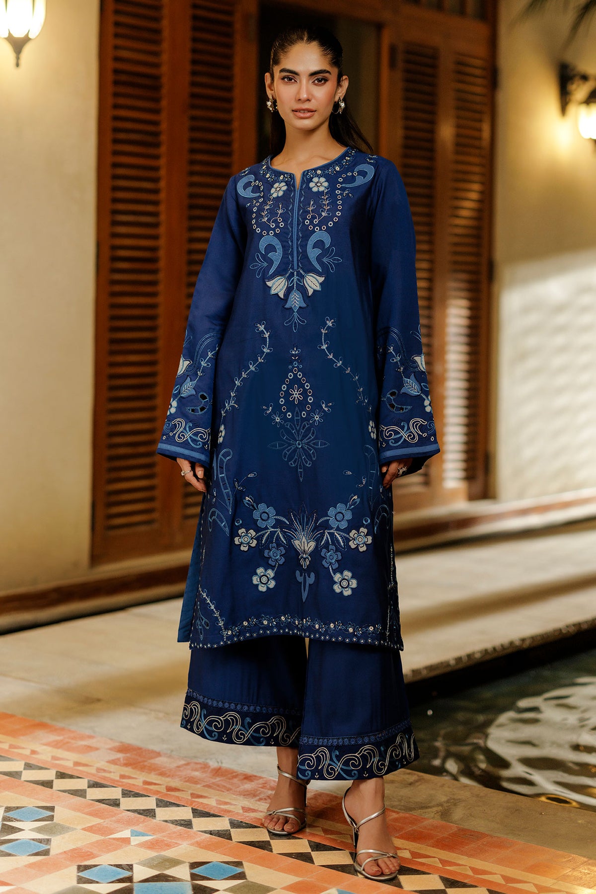 SS26DA-2944 BLUE 2PCS  EMBROIDERED KURTA WITH TROUSER