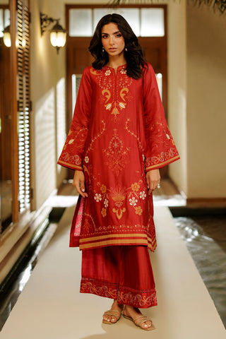 SS26DA-2945 RED 2PCS  EMBROIDERED KURTA WITH TROUSER