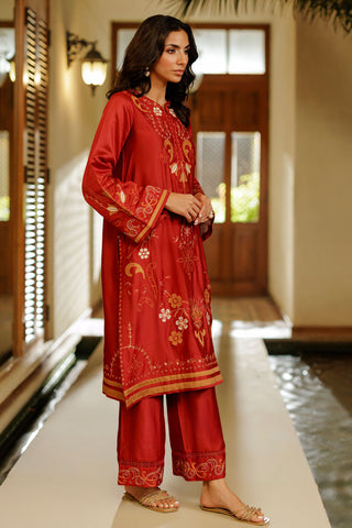 SS26DA-2945 RED 2PCS  EMBROIDERED KURTA WITH TROUSER