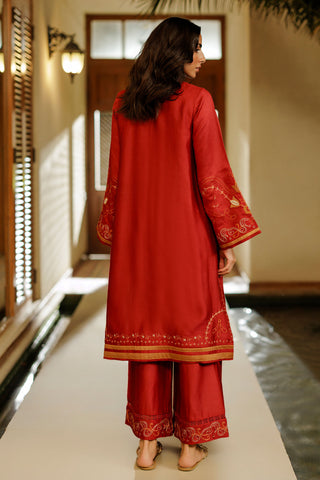 SS26DA-2945 RED 2PCS  EMBROIDERED KURTA WITH TROUSER