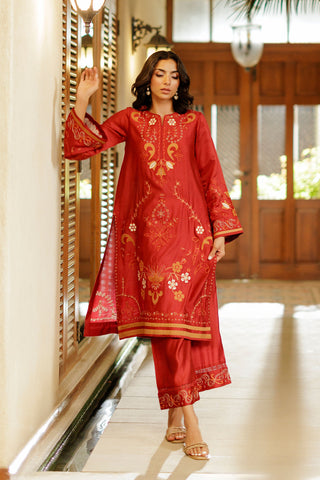 SS26DA-2945 RED 2PCS  EMBROIDERED KURTA WITH TROUSER