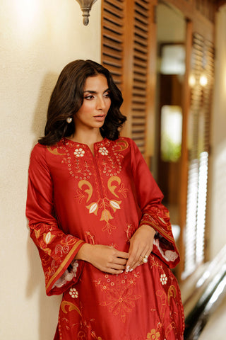 SS26DA-2945 RED 2PCS  EMBROIDERED KURTA WITH TROUSER
