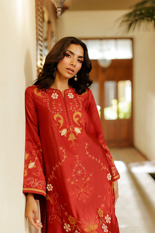 SS26DA-2945 RED 2PCS  EMBROIDERED KURTA WITH TROUSER