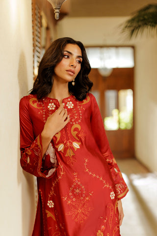 SS26DA-2945 RED 2PCS  EMBROIDERED KURTA WITH TROUSER
