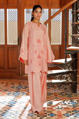 SS26DA-2946 PINK 2PCS  EMBROIDERED KURTA WITH TROUSER