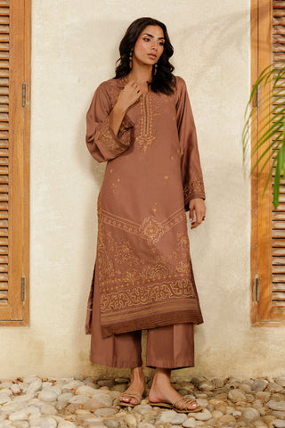 SS26DA-2947 BROWN 2PCS  EMBROIDERED KURTA WITH TROUSER