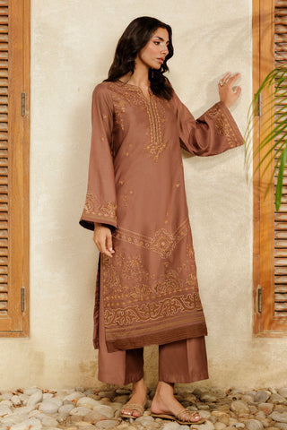 SS26DA-2947 BROWN 2PCS  EMBROIDERED KURTA WITH TROUSER