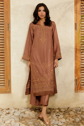 SS26DA-2947 BROWN 2PCS  EMBROIDERED KURTA WITH TROUSER