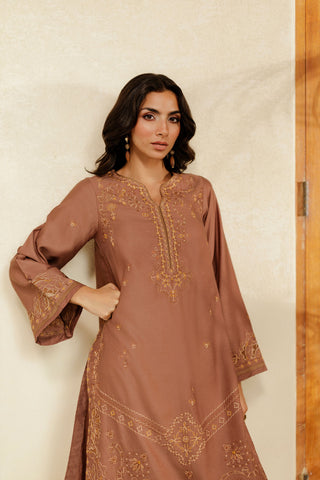 SS26DA-2947 BROWN 2PCS  EMBROIDERED KURTA WITH TROUSER