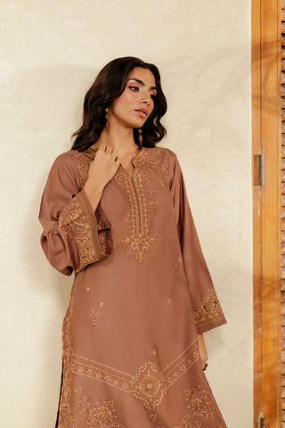SS26DA-2947 BROWN 2PCS  EMBROIDERED KURTA WITH TROUSER