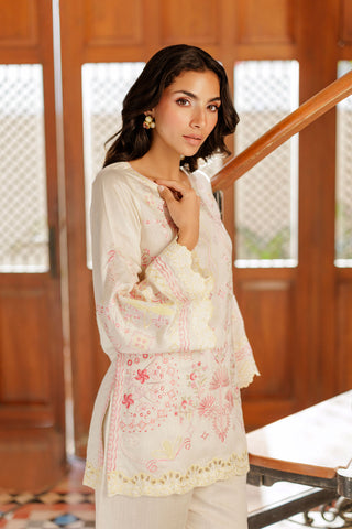 SS26DA-2950 OFF WHITE 2PCS  EMBROIDERED KURTA WITH TROUSER
