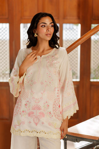 SS26DA-2950 OFF WHITE 2PCS  EMBROIDERED KURTA WITH TROUSER