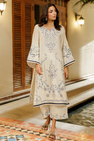 SS26DA-2961 OFF WHITE 2PCS  EMBROIDERED KURTA WITH TROUSER