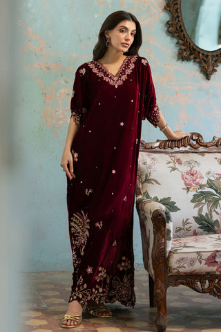 FW26DA-3015  MAROON 1PCS EMBROIDERED KAFTAN