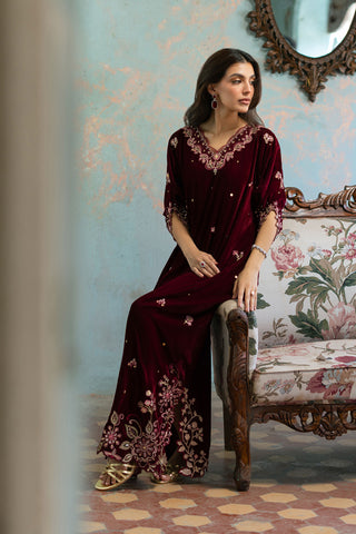 FW26DA-3015  MAROON 1PCS EMBROIDERED KAFTAN