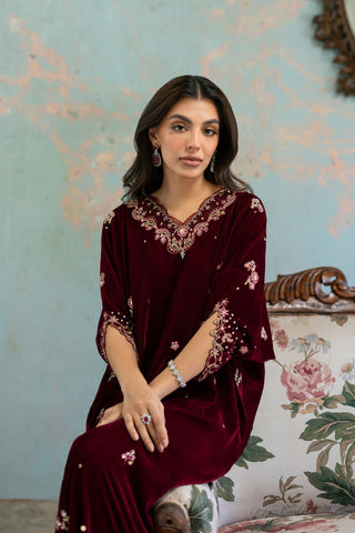 FW26DA-3015  MAROON 1PCS EMBROIDERED KAFTAN