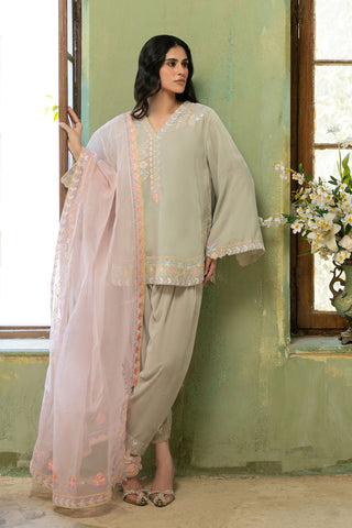 FW26DA-3018 ICE GREY 2PCS  EMBROIDERED KURTA WITH TROUSER