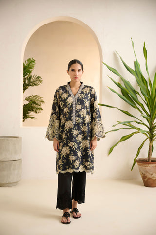 DC-0523 BLACK PRINTED EMBROIDERED KURTA