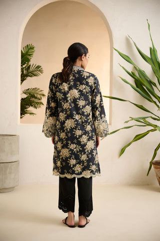 DC-0523 BLACK PRINTED EMBROIDERED KURTA