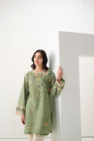 DC-0550 GREEN PRINTED EMBROIDERED KURTA