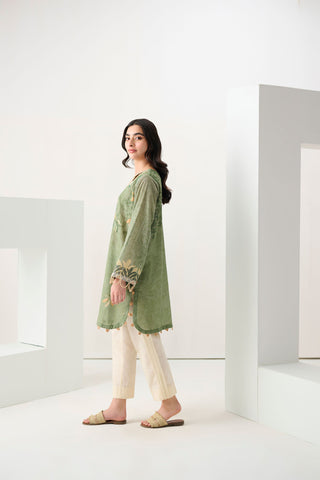 DC-0550 GREEN PRINTED EMBROIDERED KURTA