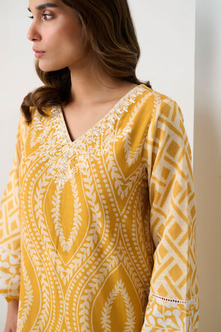 DC-0551 YELLOW PRINTED EMBROIDERED KURTA