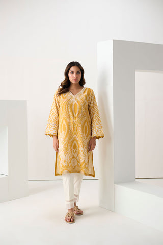 DC-0551 YELLOW PRINTED EMBROIDERED KURTA
