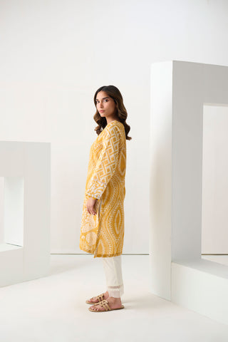 DC-0551 YELLOW PRINTED EMBROIDERED KURTA