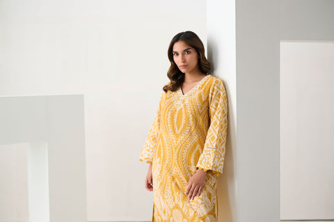 DC-0551 YELLOW PRINTED EMBROIDERED KURTA