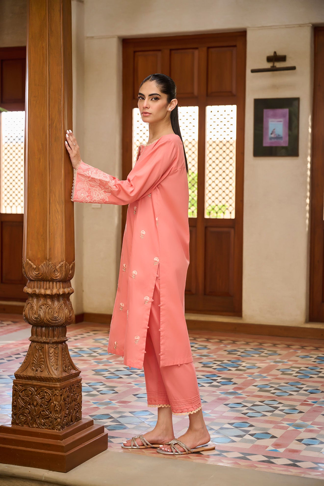 DC-2193 PEACH 2PCS  EMBROIDERED KURTA WITH TROUSER