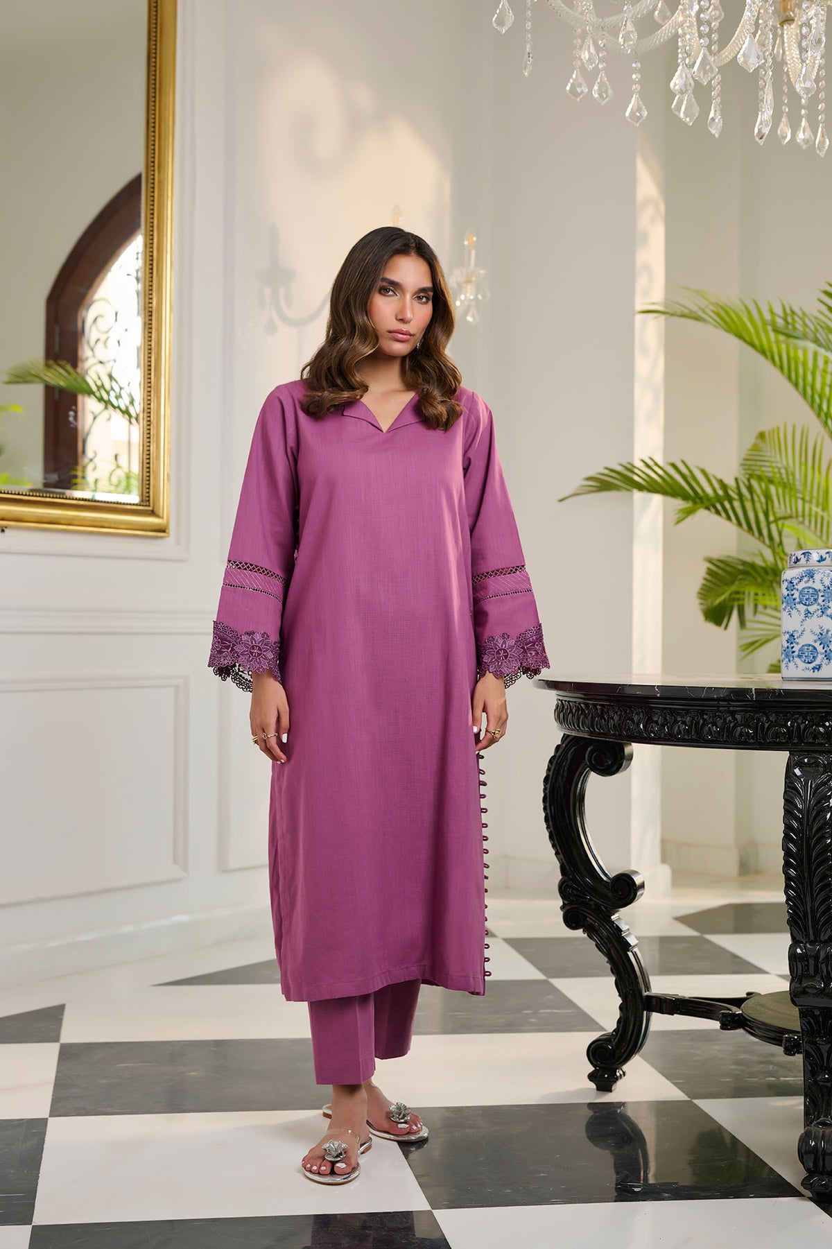 DC-2253 PURPLE 2PCS  EMBROIDERED KURTA WITH TROUSER