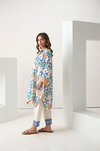 DC-2268 WHITE 2PCS  PRINTED KURTA WITH TROUSER
