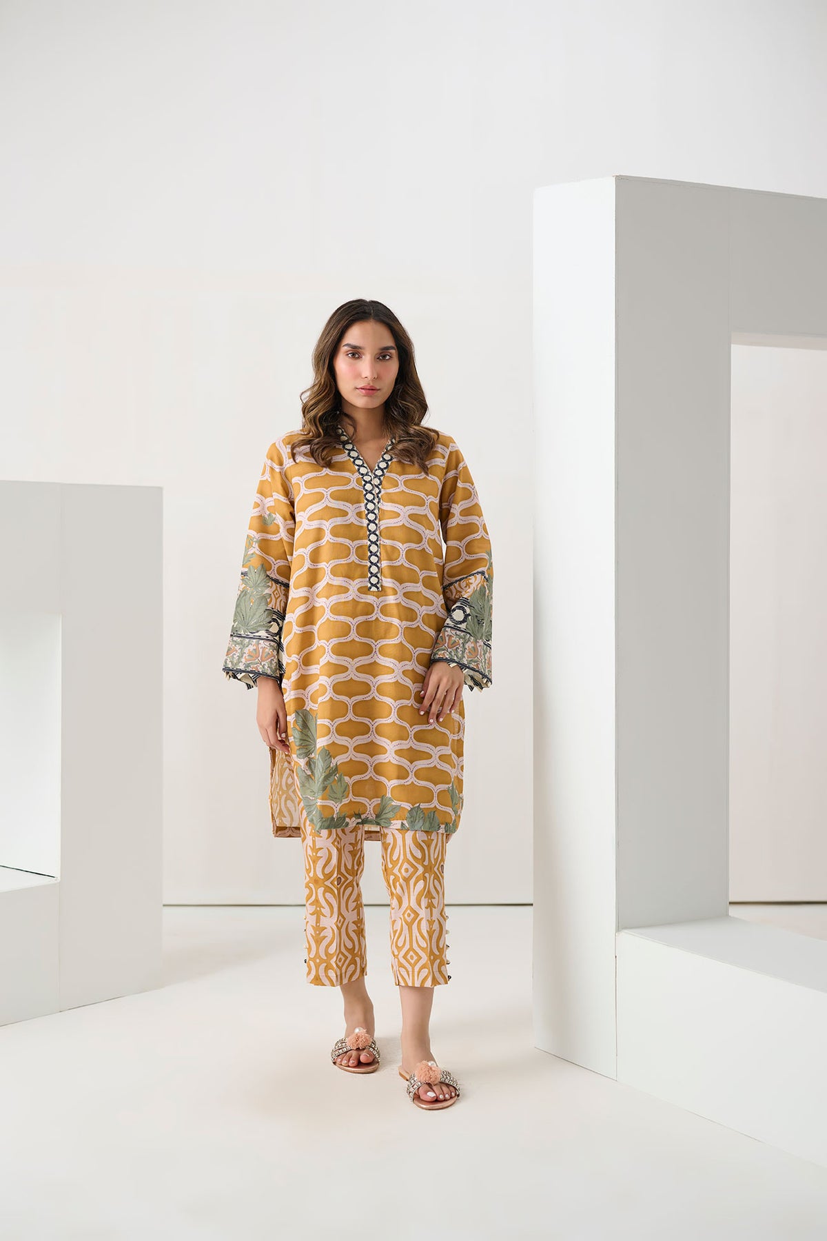 DC-2270 MUSTARD 2PCS  PRINTED KURTA WITH TROUSER