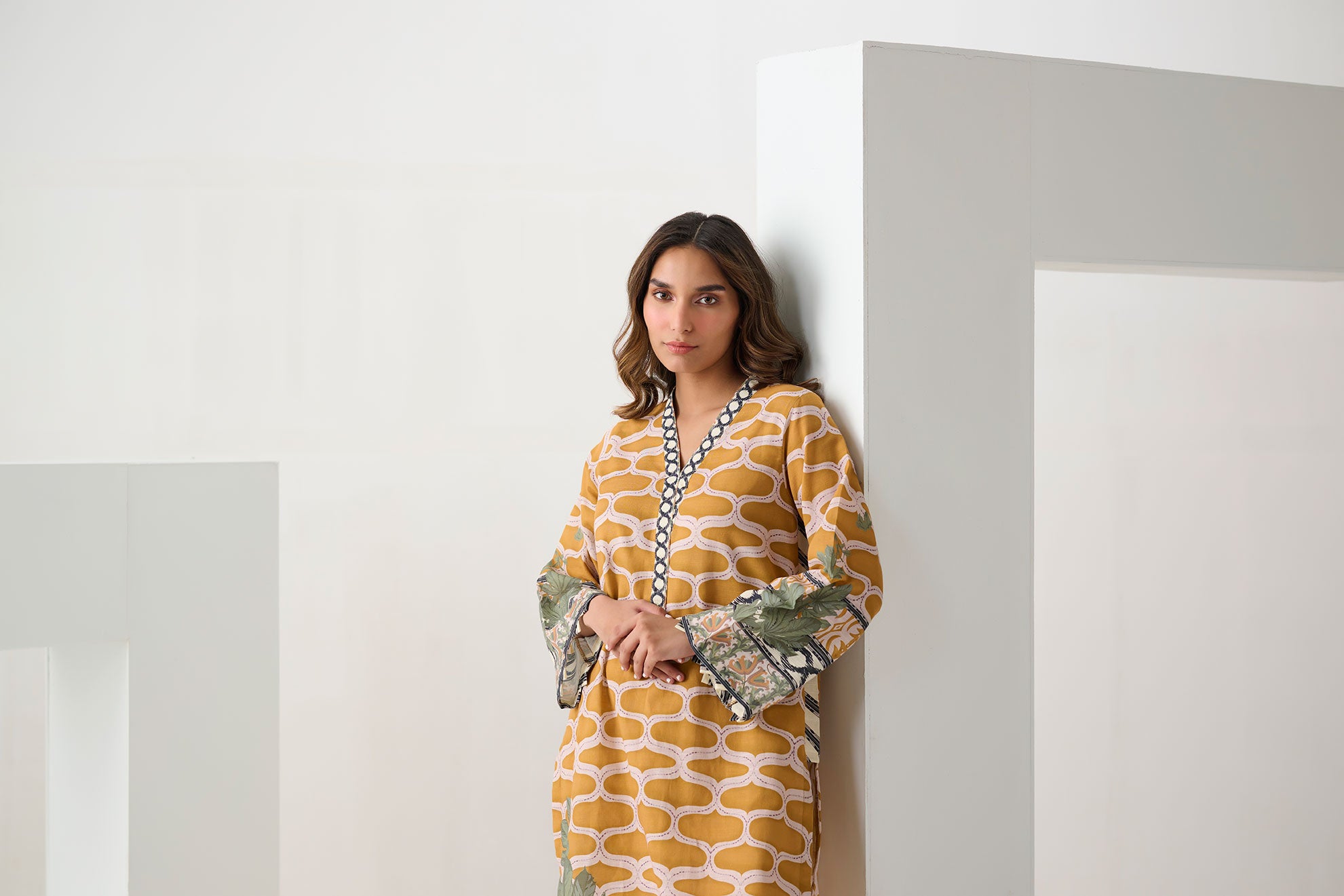 DC-2270 MUSTARD 2PCS  PRINTED KURTA WITH TROUSER
