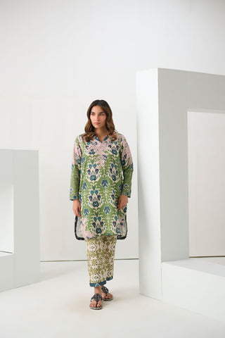 DC-2271 GREEN 2PCS  EMBROIDERED KURTA WITH TROUSER