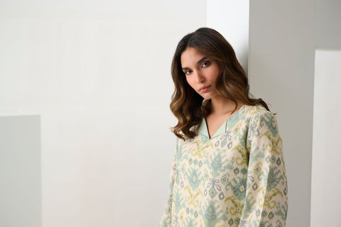 DC-2295 L-GREEN 2PCS  PRINTED KURTA WITH TROUSER