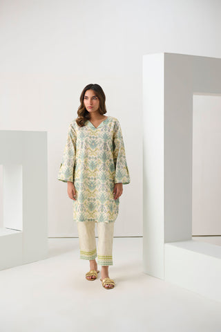 DC-2295 L-GREEN 2PCS  PRINTED KURTA WITH TROUSER
