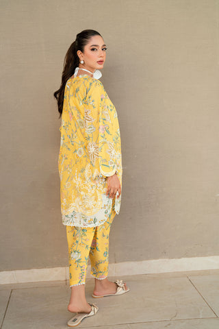 SS25DC-2534 Yellow 2-piece premium lawn ensemble with a printed shirt and delicate embroidery for a festive look.