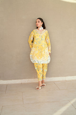 SS25DC-2534 Yellow 2-piece premium lawn ensemble with a printed shirt and delicate embroidery for a festive look.