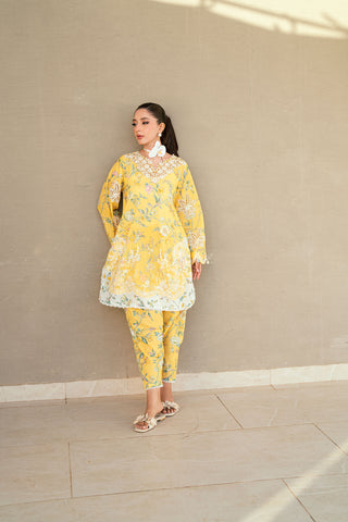 SS25DC-2534 Yellow 2-piece premium lawn ensemble with a printed shirt and delicate embroidery for a festive look.