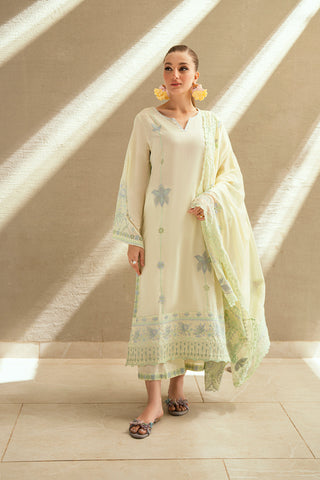 Lemon yellow embroidered dupatta by Dhanak