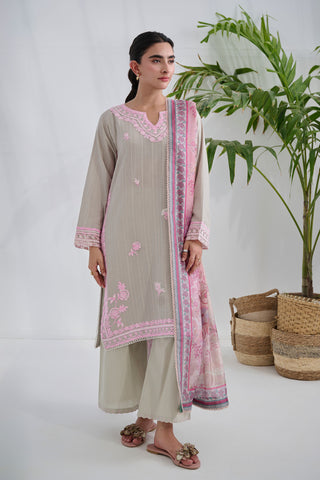 Grey cotton jacquard embroidered kurta with trouser by Dhanak