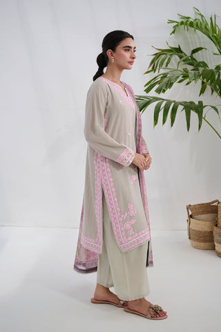 Grey cotton jacquard embroidered kurta with trouser by Dhanak