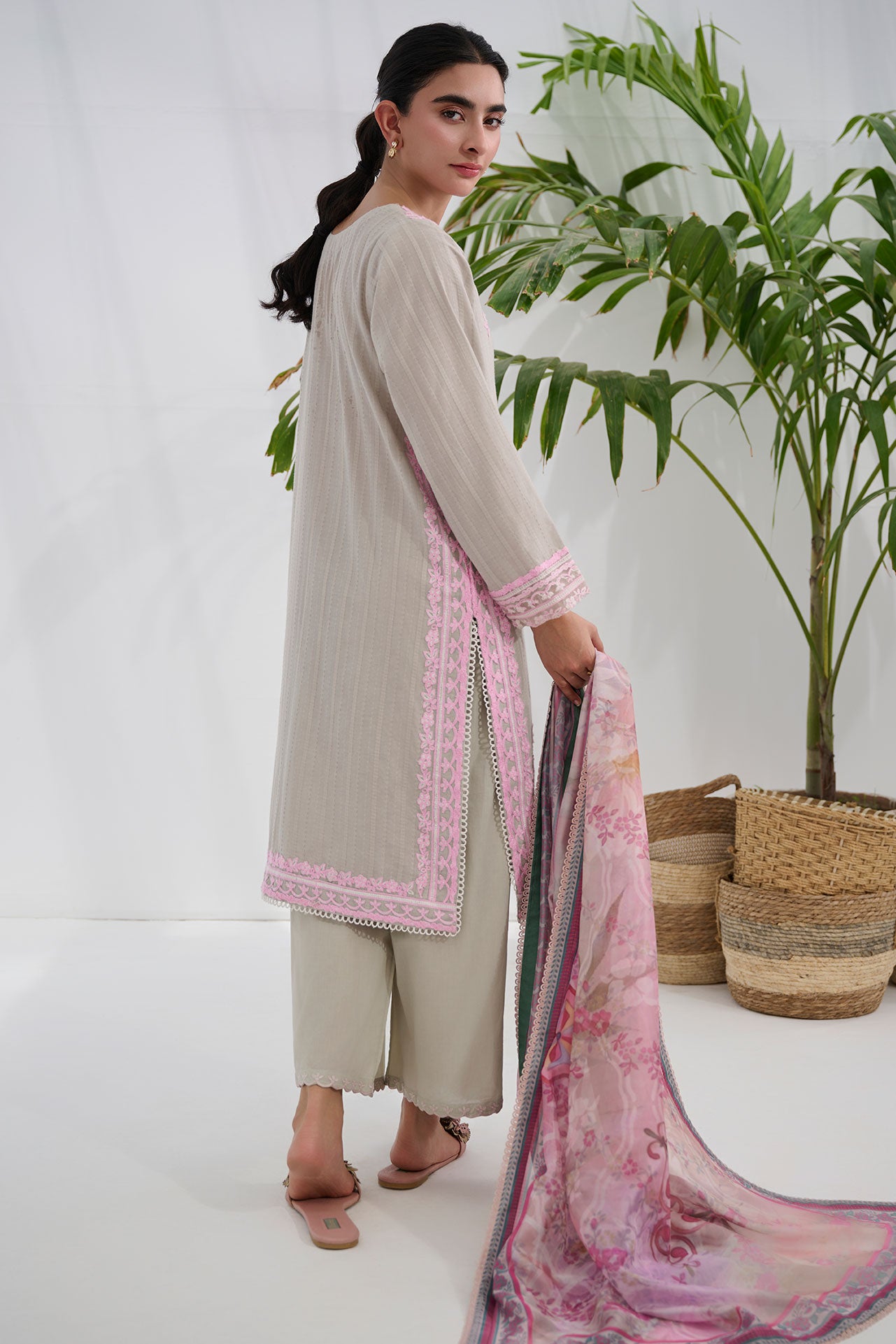 Grey cotton jacquard embroidered kurta with trouser by Dhanak