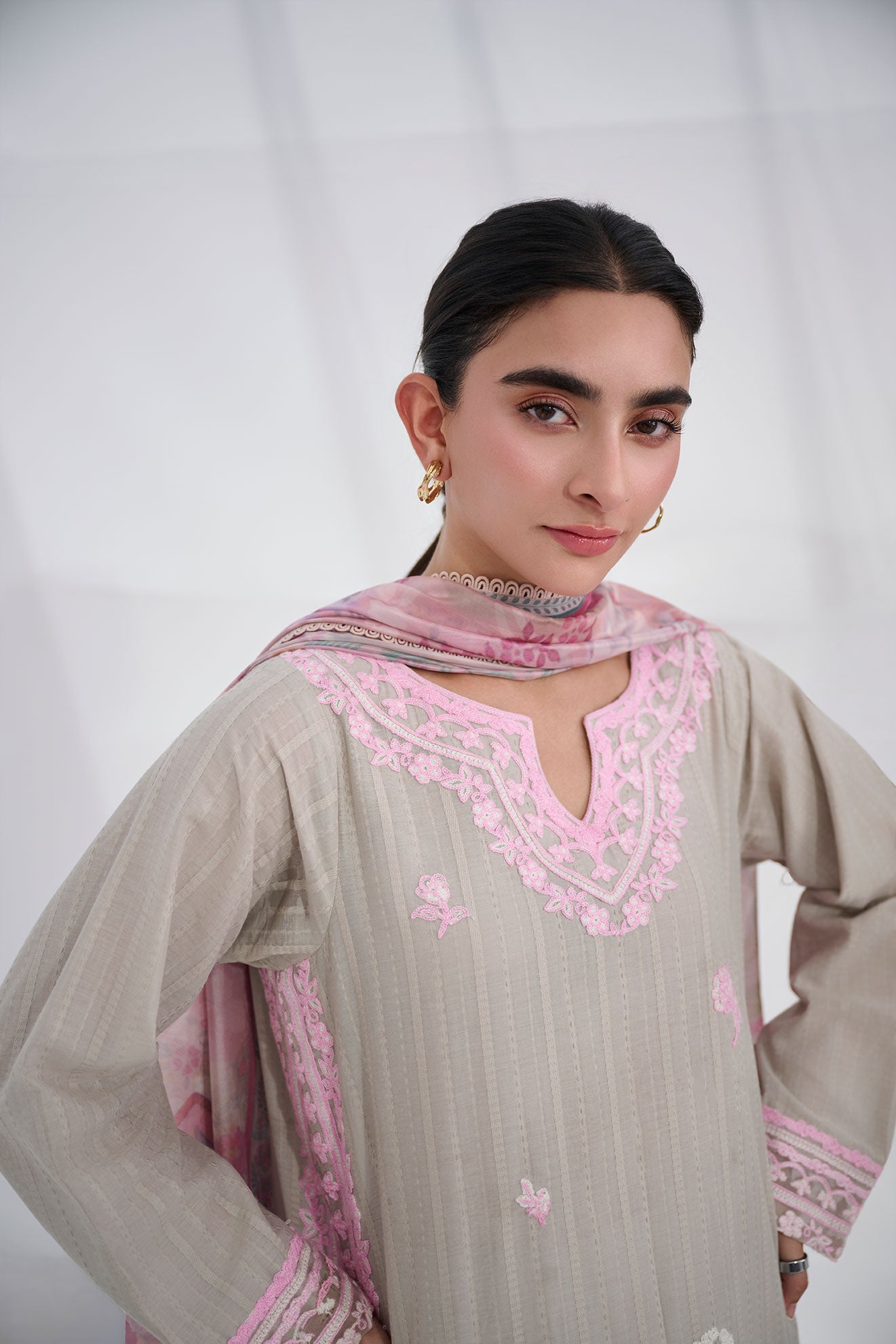 Grey cotton jacquard embroidered kurta with trouser by Dhanak