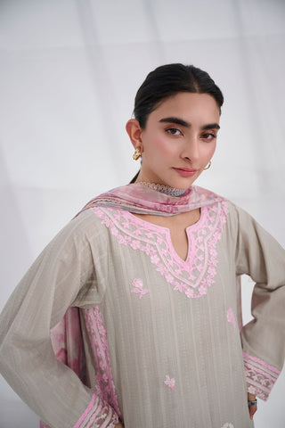 Grey cotton jacquard embroidered kurta with trouser by Dhanak