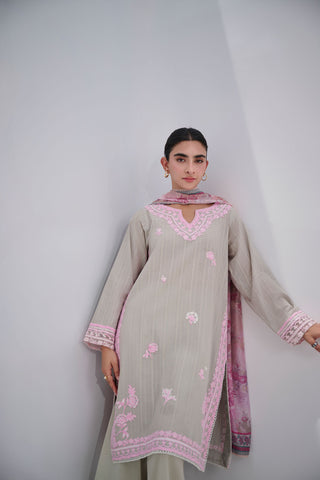 Grey cotton jacquard embroidered kurta with trouser by Dhanak