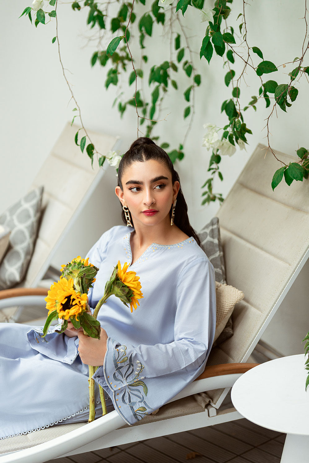 SS25DC-2567 Sky blue 2-piece ensemble with a sleek embroidered kurta and matching straight-cut pants.